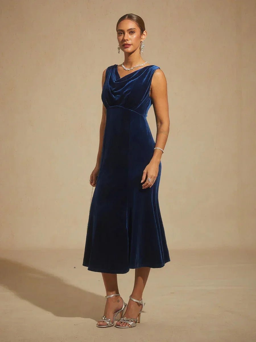 Vestido midi de terciopelo elástico sin mangas con cuello drapeado - Nhaura