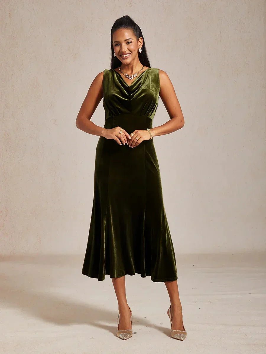 Vestido midi de terciopelo elástico sin mangas con cuello drapeado - Nhaura