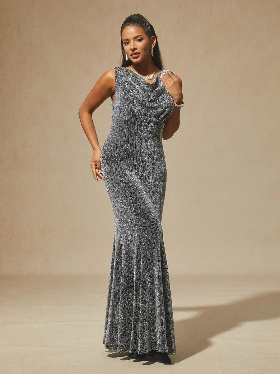 Vestido midi de terciopelo elástico sin mangas con cuello drapeado - Nhaura