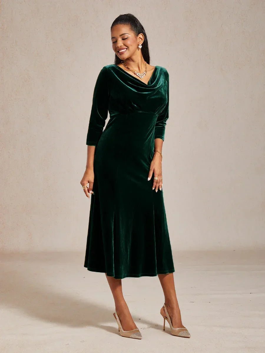 Vestido midi de terciopelo elástico sin mangas con cuello drapeado - Nhaura