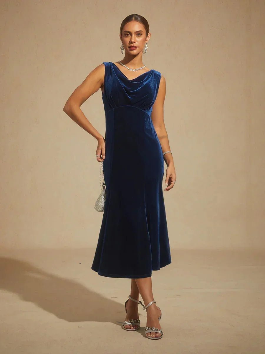Vestido midi de terciopelo elástico sin mangas con cuello drapeado - Nhaura