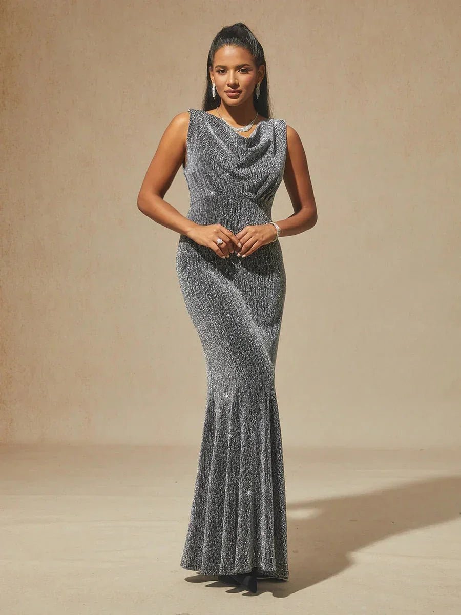Vestido midi de terciopelo elástico sin mangas con cuello drapeado - Nhaura