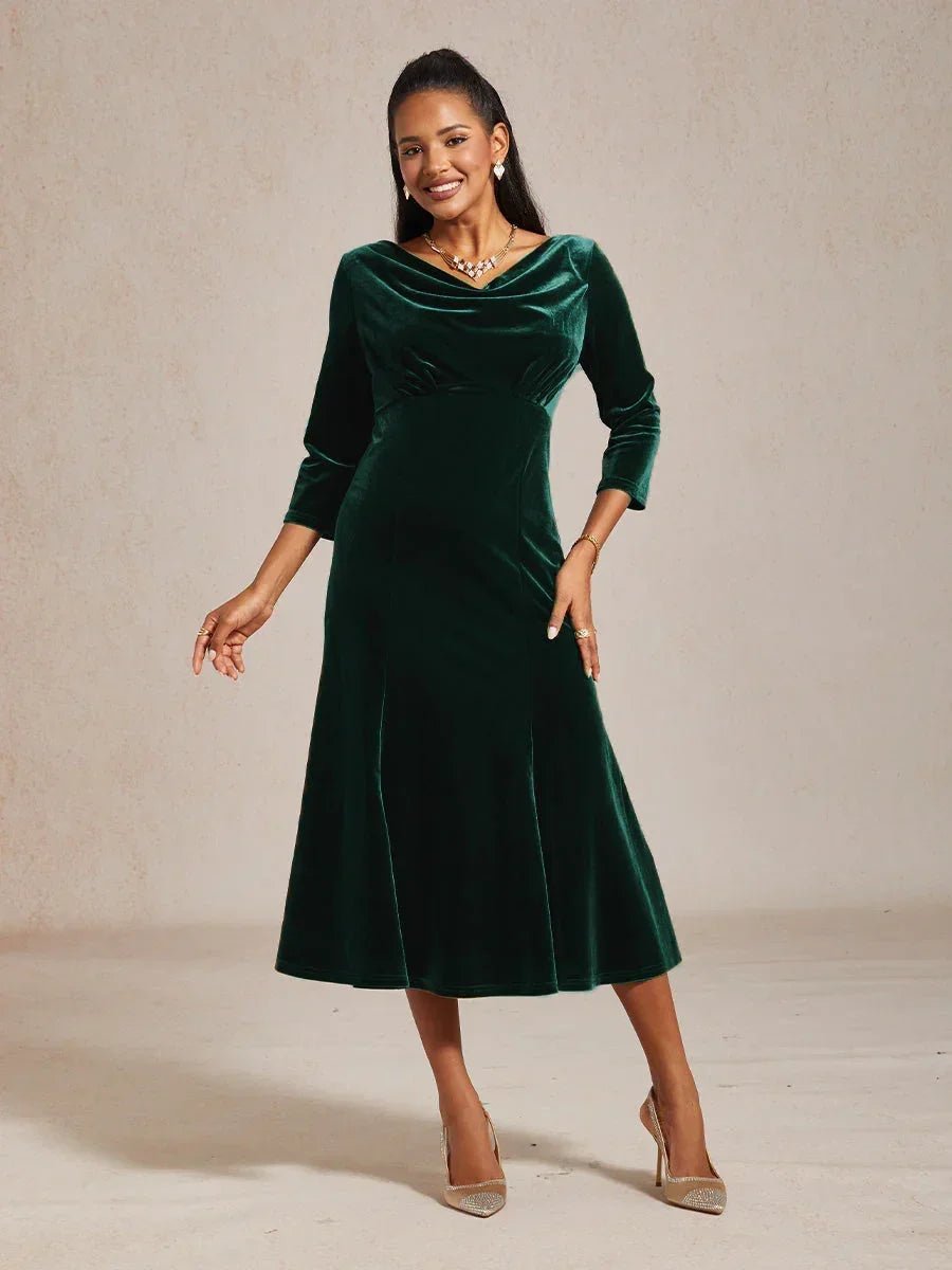 Vestido midi de terciopelo elástico sin mangas con cuello drapeado - Nhaura