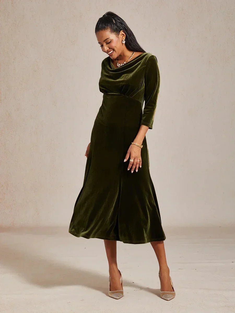 Vestido midi de terciopelo elástico sin mangas con cuello drapeado - Nhaura