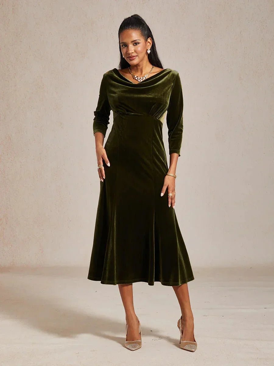 Vestido midi de terciopelo elástico sin mangas con cuello drapeado - Nhaura