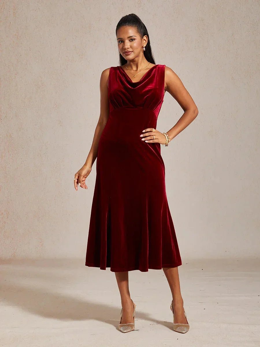 Vestido midi de terciopelo elástico sin mangas con cuello drapeado - Nhaura