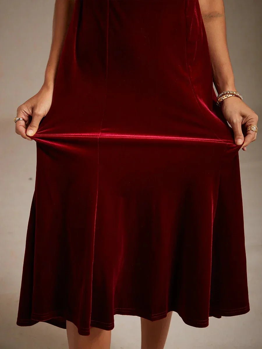 Vestido midi de terciopelo elástico sin mangas con cuello drapeado - Nhaura