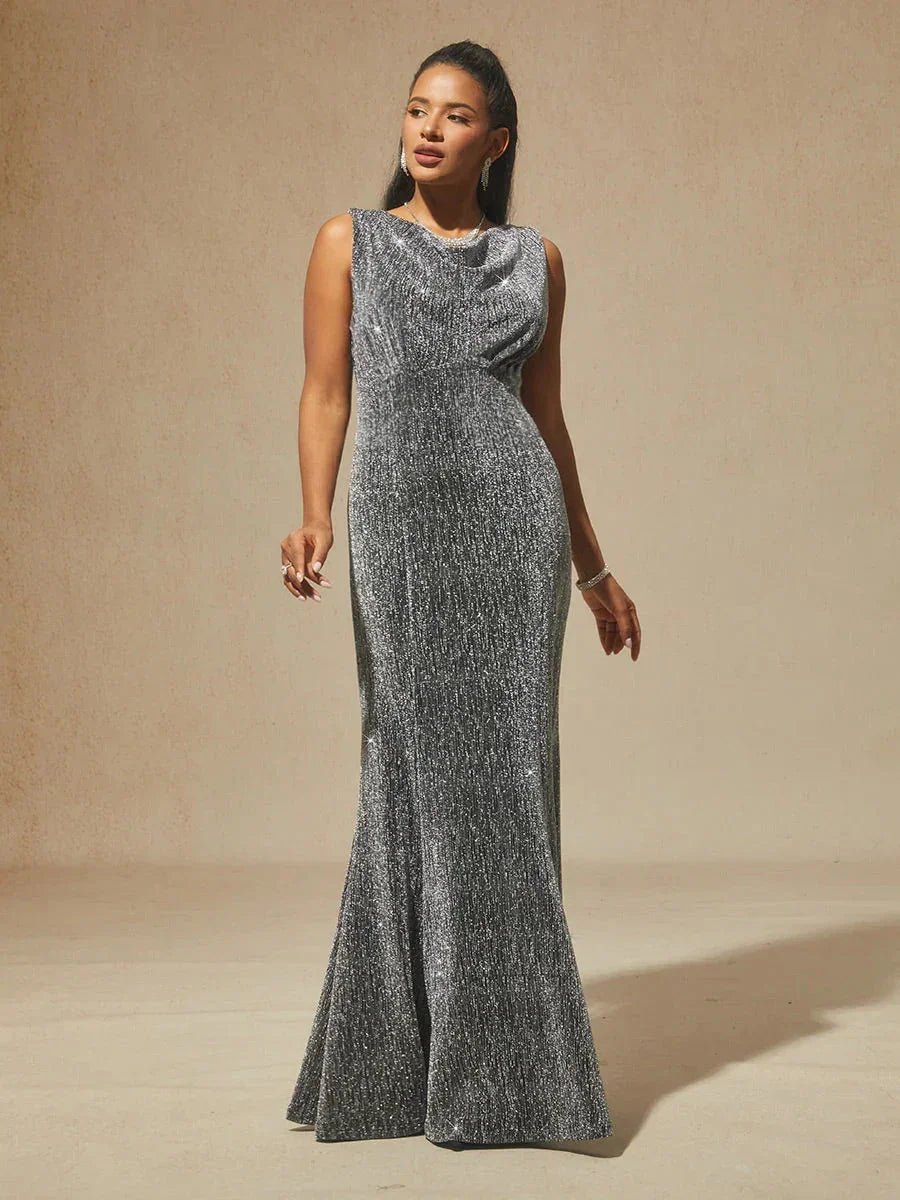 Vestido midi de terciopelo elástico sin mangas con cuello drapeado - Nhaura