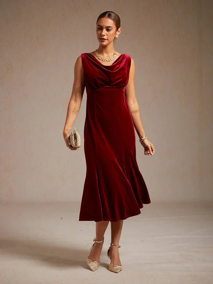 Vestido midi de terciopelo elástico sin mangas con cuello drapeado - Nhaura