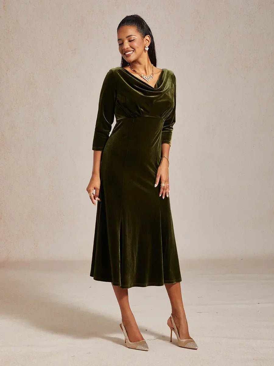 Vestido midi de terciopelo elástico sin mangas con cuello drapeado - Nhaura
