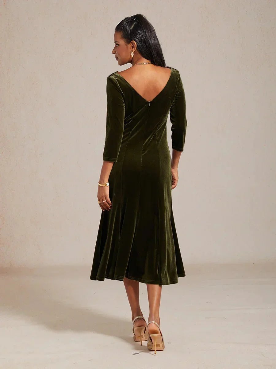 Vestido midi de terciopelo elástico sin mangas con cuello drapeado - Nhaura