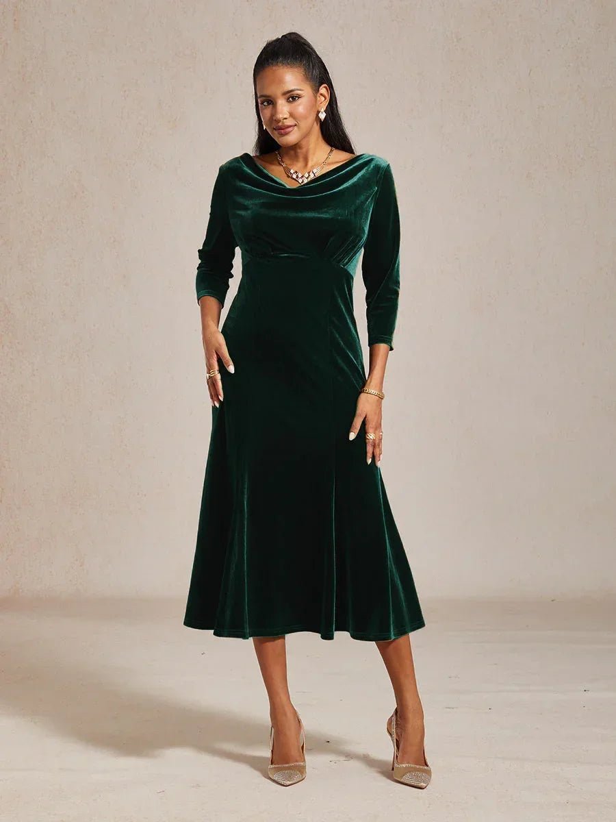 Vestido midi de terciopelo elástico sin mangas con cuello drapeado - Nhaura