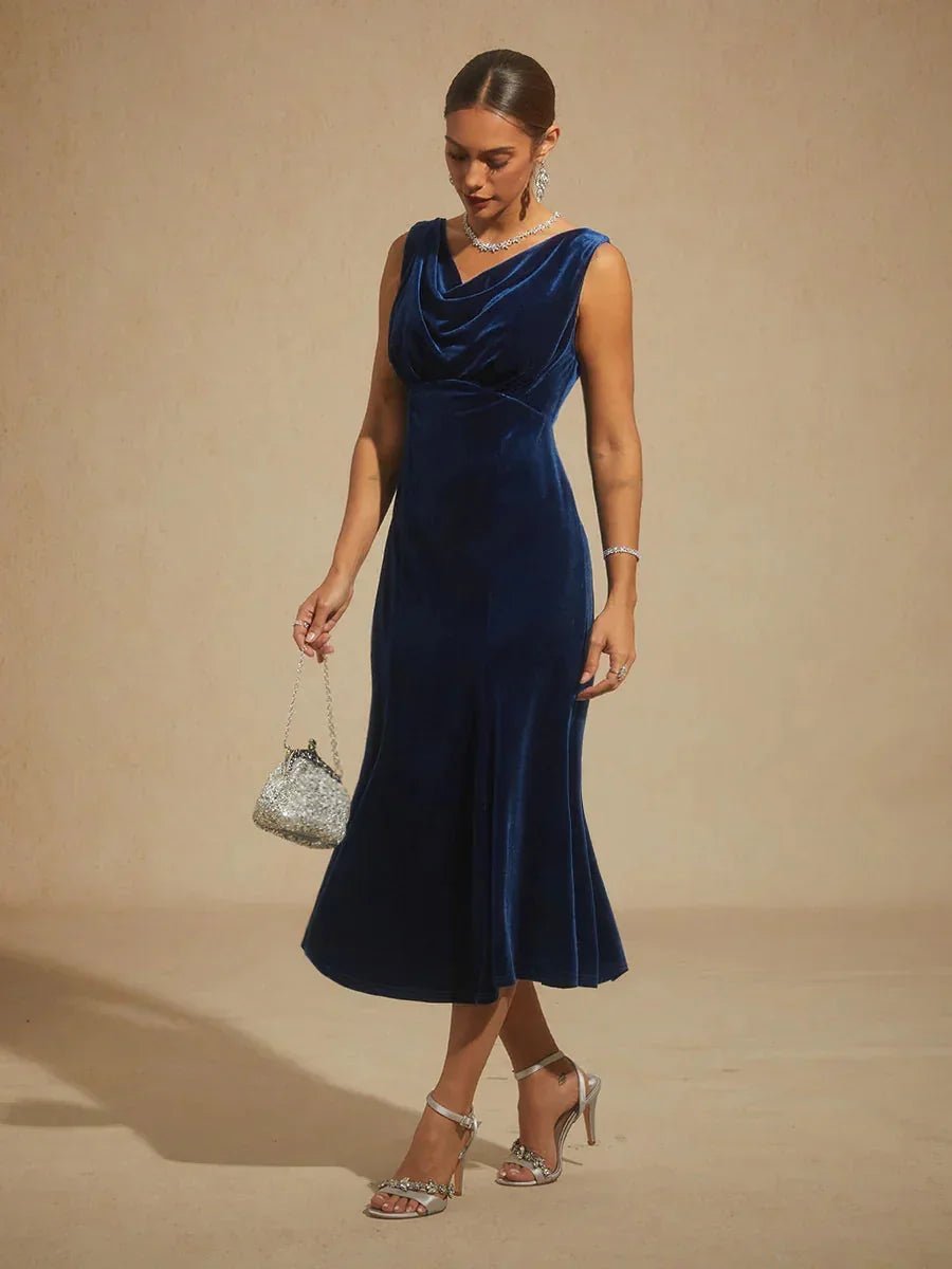Vestido midi de terciopelo elástico sin mangas con cuello drapeado - Nhaura