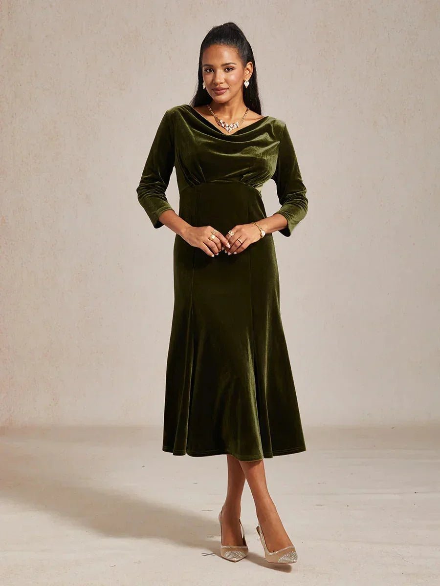 Vestido midi de terciopelo elástico sin mangas con cuello drapeado - Nhaura