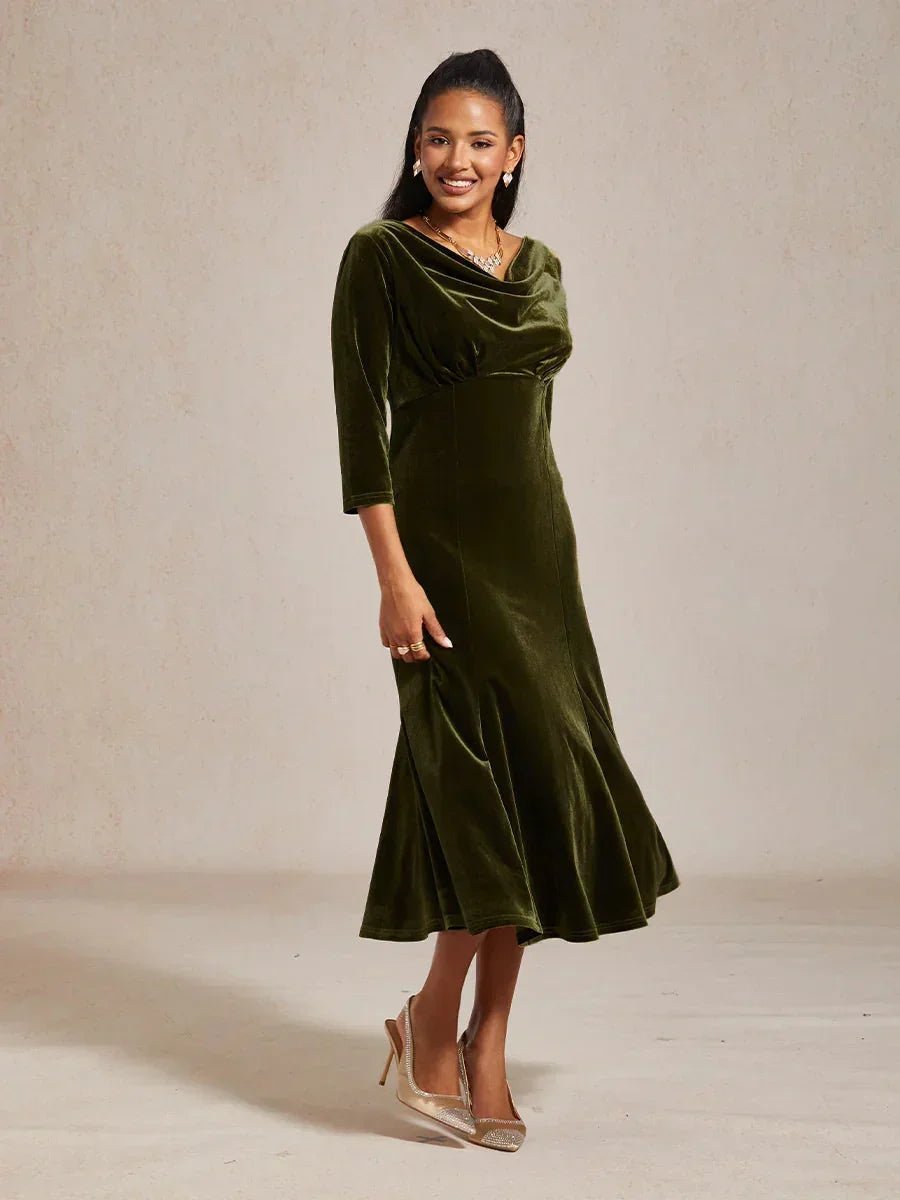 Vestido midi de terciopelo elástico sin mangas con cuello drapeado - Nhaura