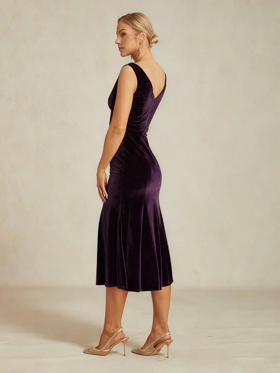 Vestido midi de terciopelo elástico sin mangas con cuello drapeado - Nhaura