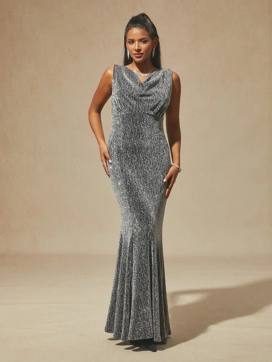 Vestido midi de terciopelo elástico sin mangas con cuello drapeado - Nhaura