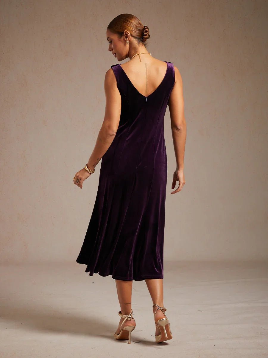 Vestido midi de terciopelo elástico sin mangas con escote redondo - Nhaura
