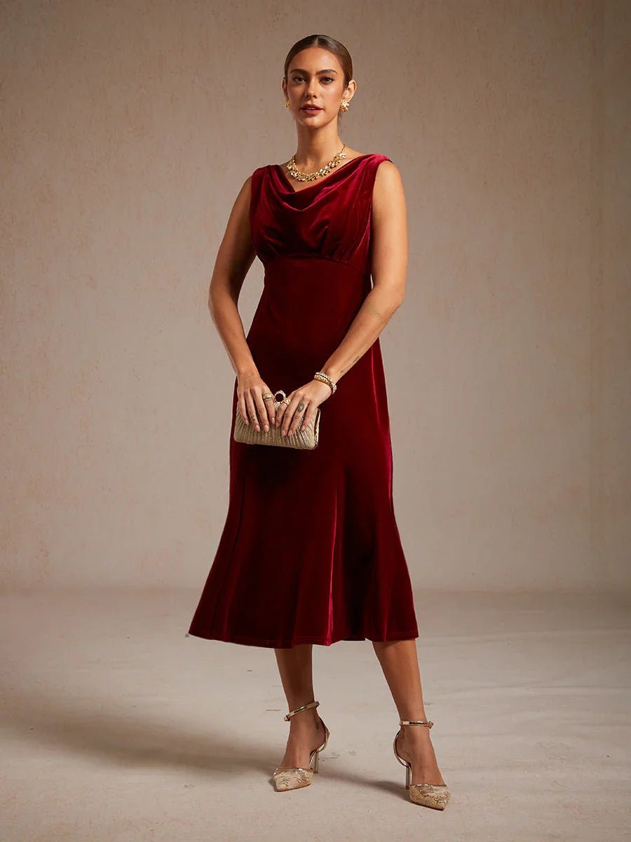 Vestido midi de terciopelo elástico sin mangas con escote redondo - Nhaura