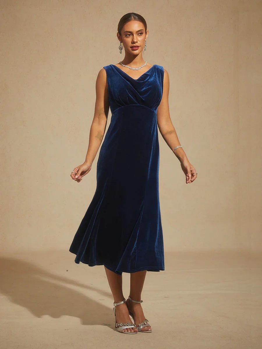 Vestido midi de terciopelo elástico sin mangas con escote redondo - Nhaura