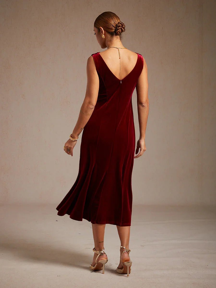 Vestido midi de terciopelo elástico sin mangas con escote redondo - Nhaura