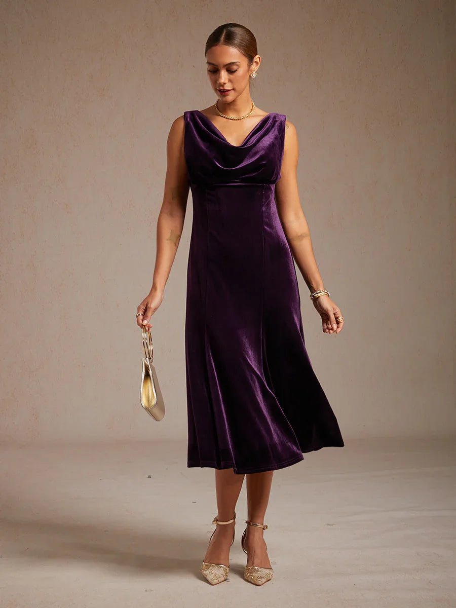 Vestido midi de terciopelo elástico sin mangas con escote redondo - Nhaura