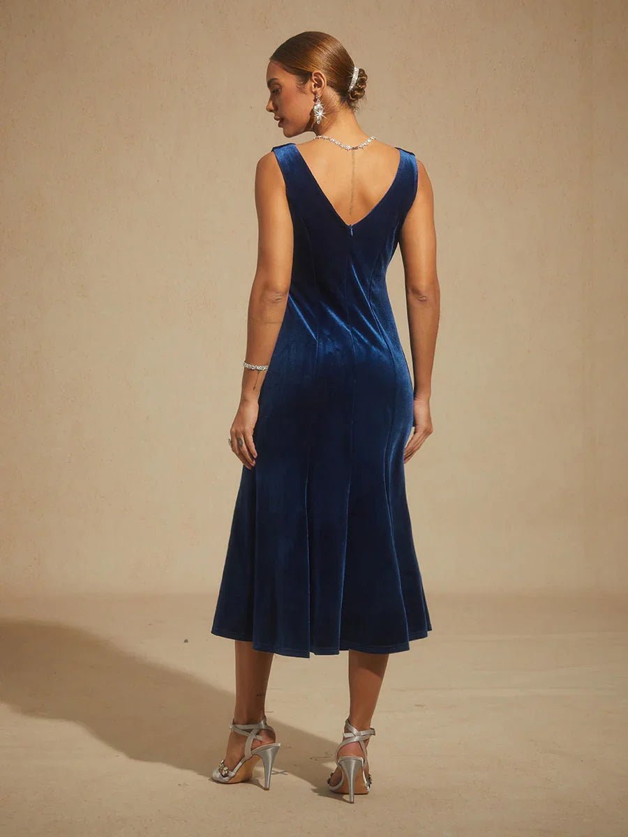 Vestido midi de terciopelo elástico sin mangas con escote redondo - Nhaura