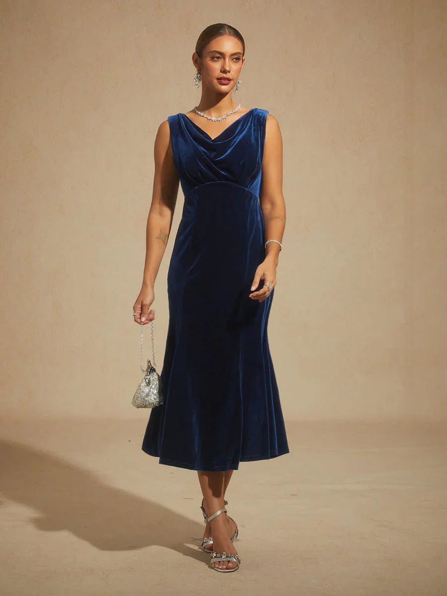 Vestido midi de terciopelo elástico sin mangas con escote redondo - Nhaura