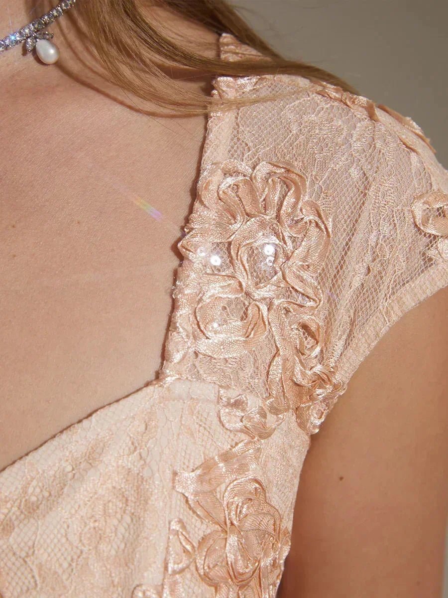 Vestido sirena de encaje rosetón con manga corta y escote en V - Nhaura