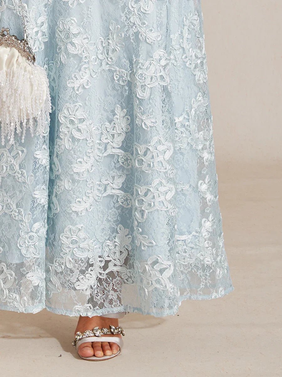 Vestido sirena de encaje rosetón con manga corta y escote en V - Nhaura