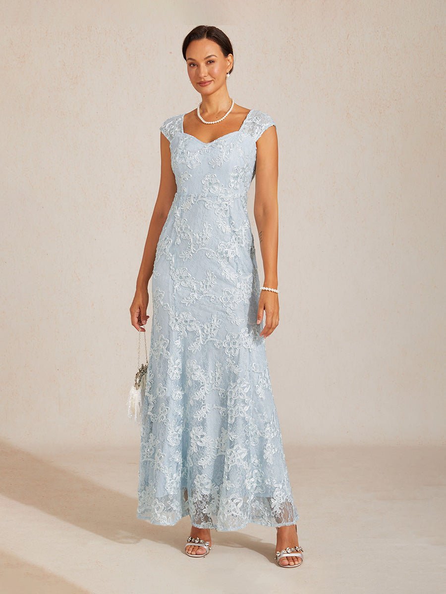Vestido sirena de encaje rosetón con manga corta y escote en V - Nhaura