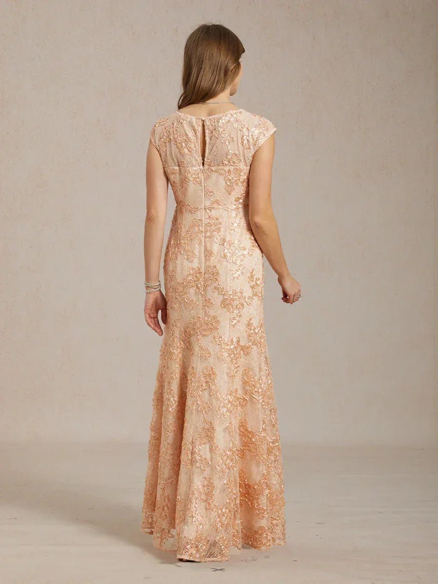 Vestido sirena de encaje rosetón con manga corta y escote en V - Nhaura