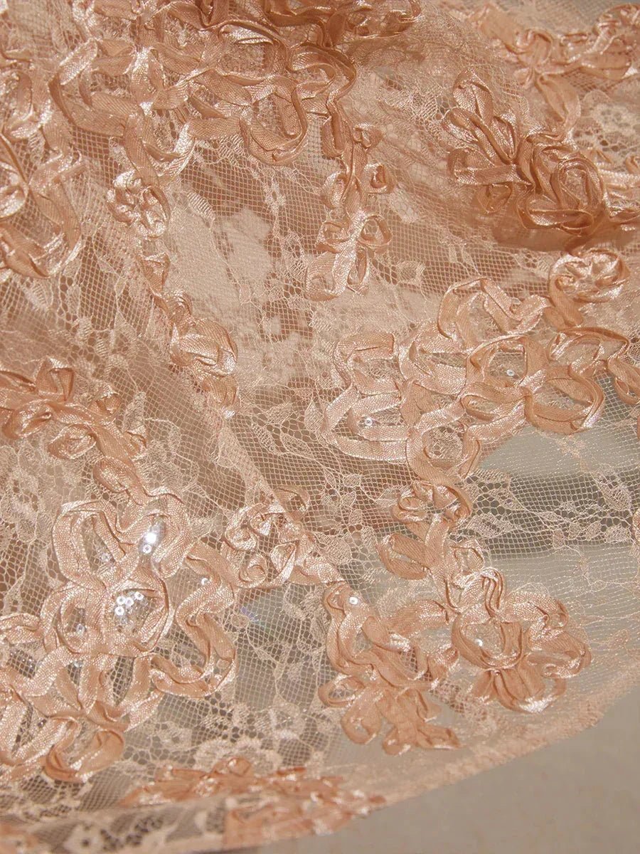 Vestido sirena de encaje rosetón con manga corta y escote en V - Nhaura