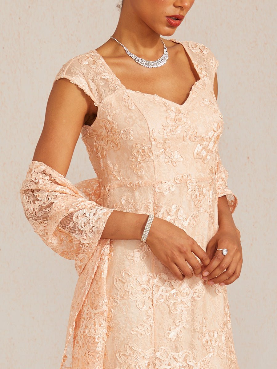 Vestido sirena de encaje rosetón con manga corta y escote en V - Nhaura