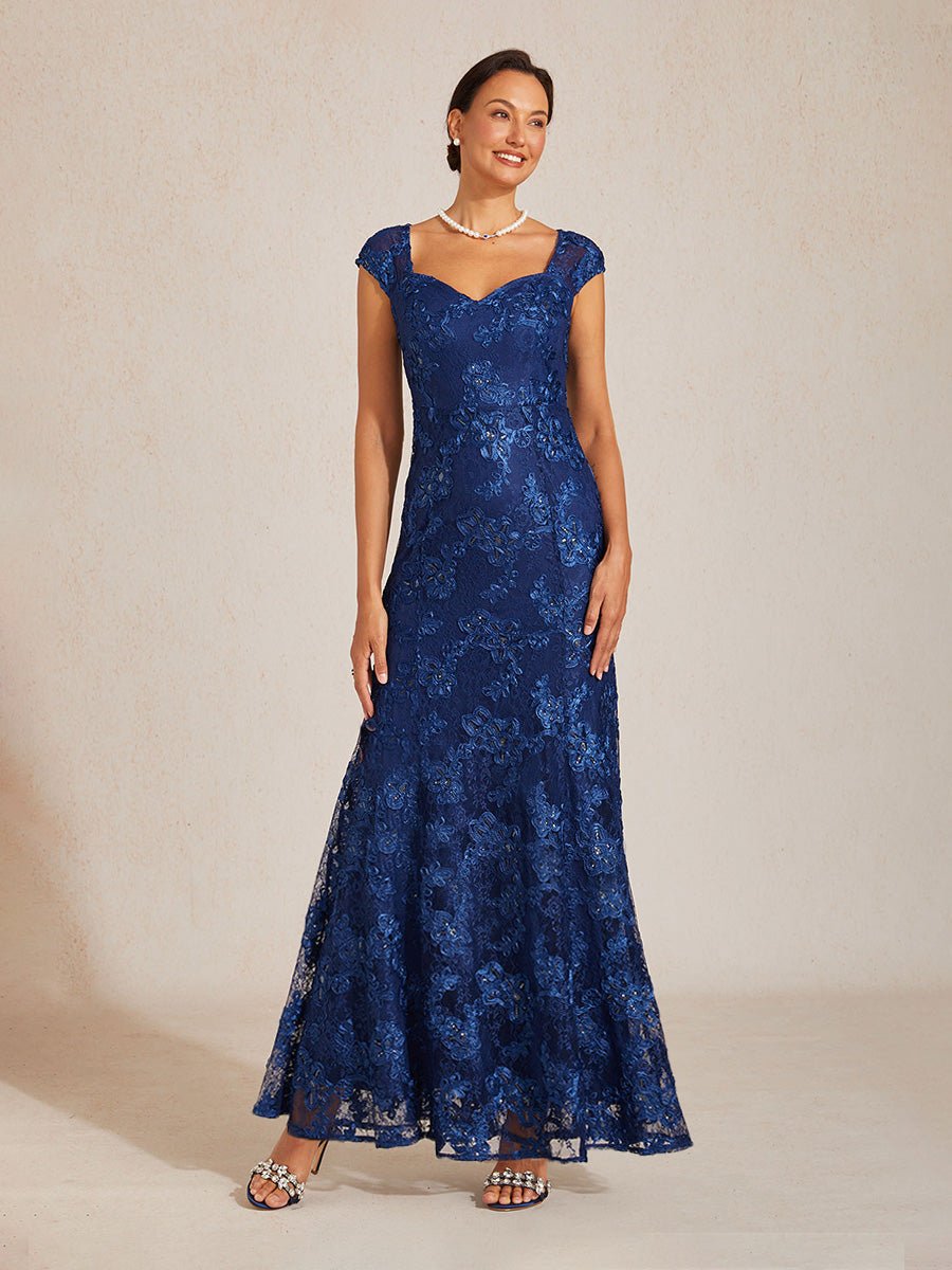Vestido sirena de encaje rosetón con manga corta y escote en V - Nhaura