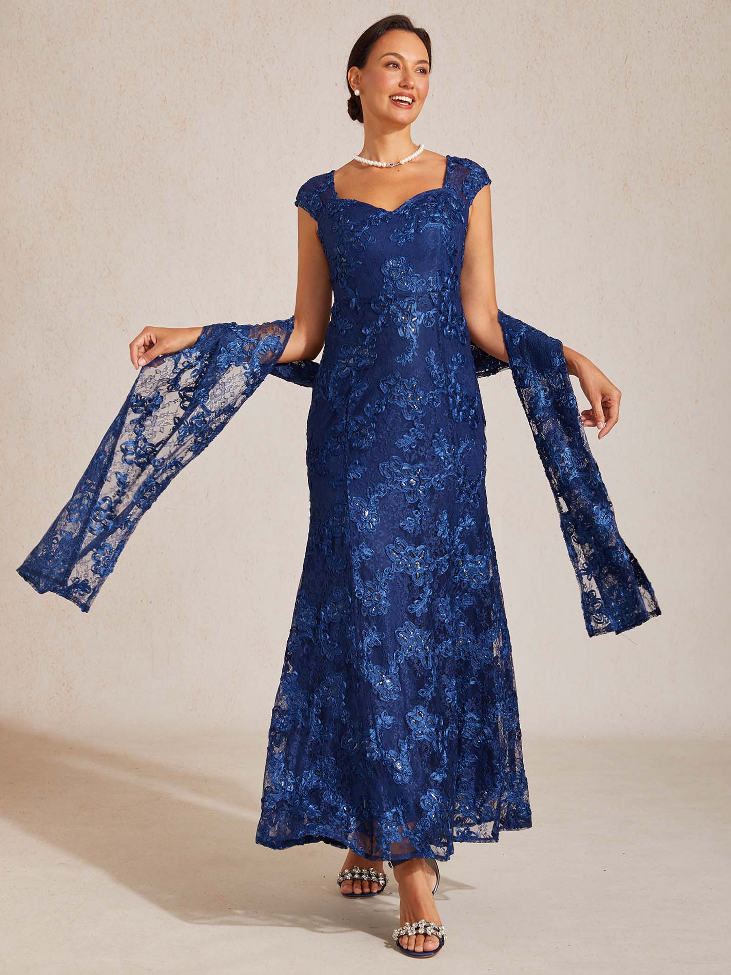 Vestido sirena de encaje rosetón con manga corta y escote en V - Nhaura