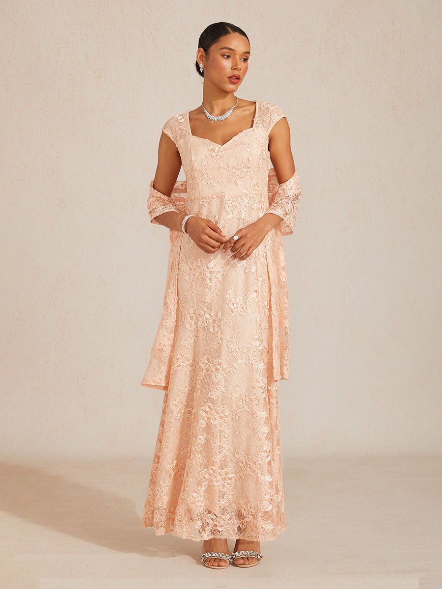 Vestido sirena de encaje rosetón con manga corta y escote en V - Nhaura