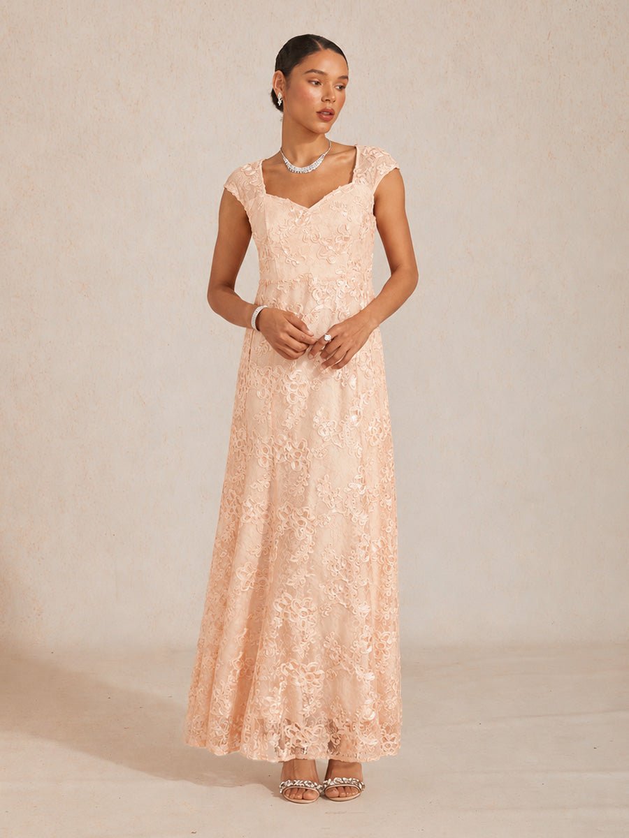 Vestido sirena de encaje rosetón con manga corta y escote en V - Nhaura